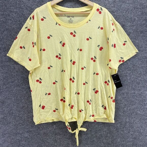 New OnFire T-Shirt Women 3X Plus Yellow Cherry Print Crew Neck Short Sleeve - Picture 4 of 10